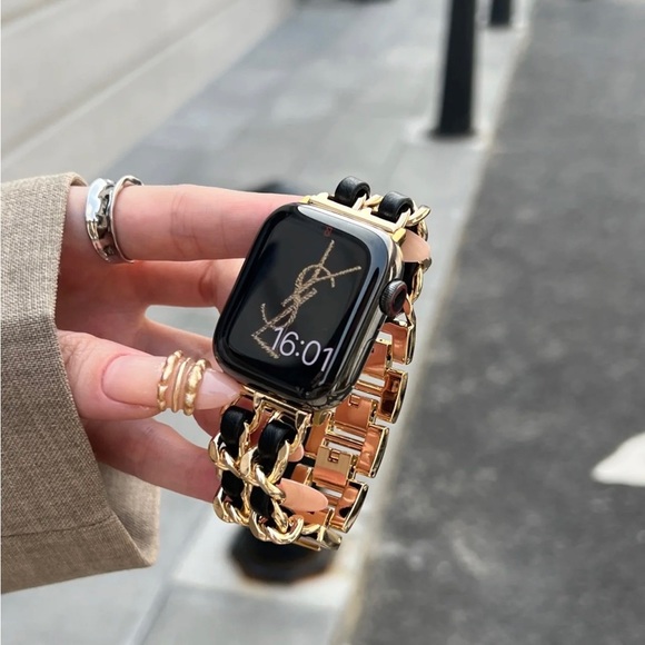 NEW Strap Gold Black Chain Leather Stainless Band For Apple Watch - Picture 1 of 6